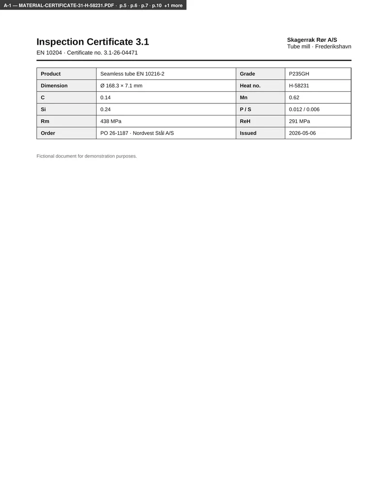 Annex page of the example report with an attached material certificate.
