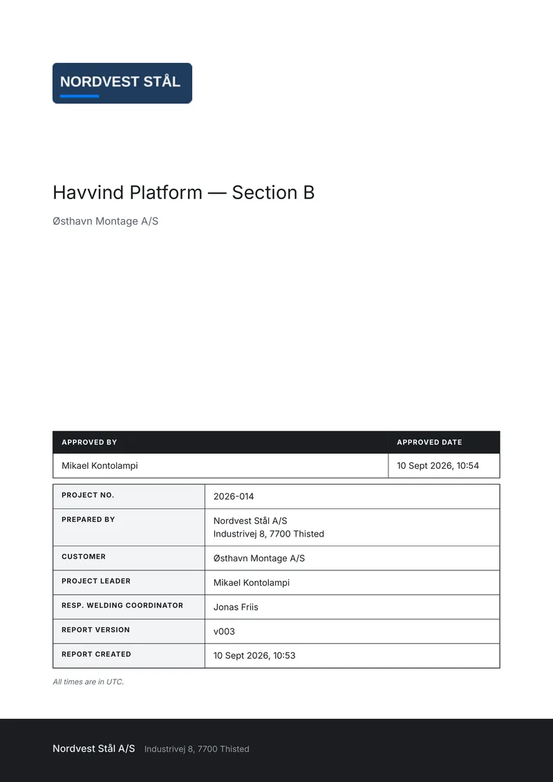 Branded cover of the example Welding Quality Report with project and approval details.
