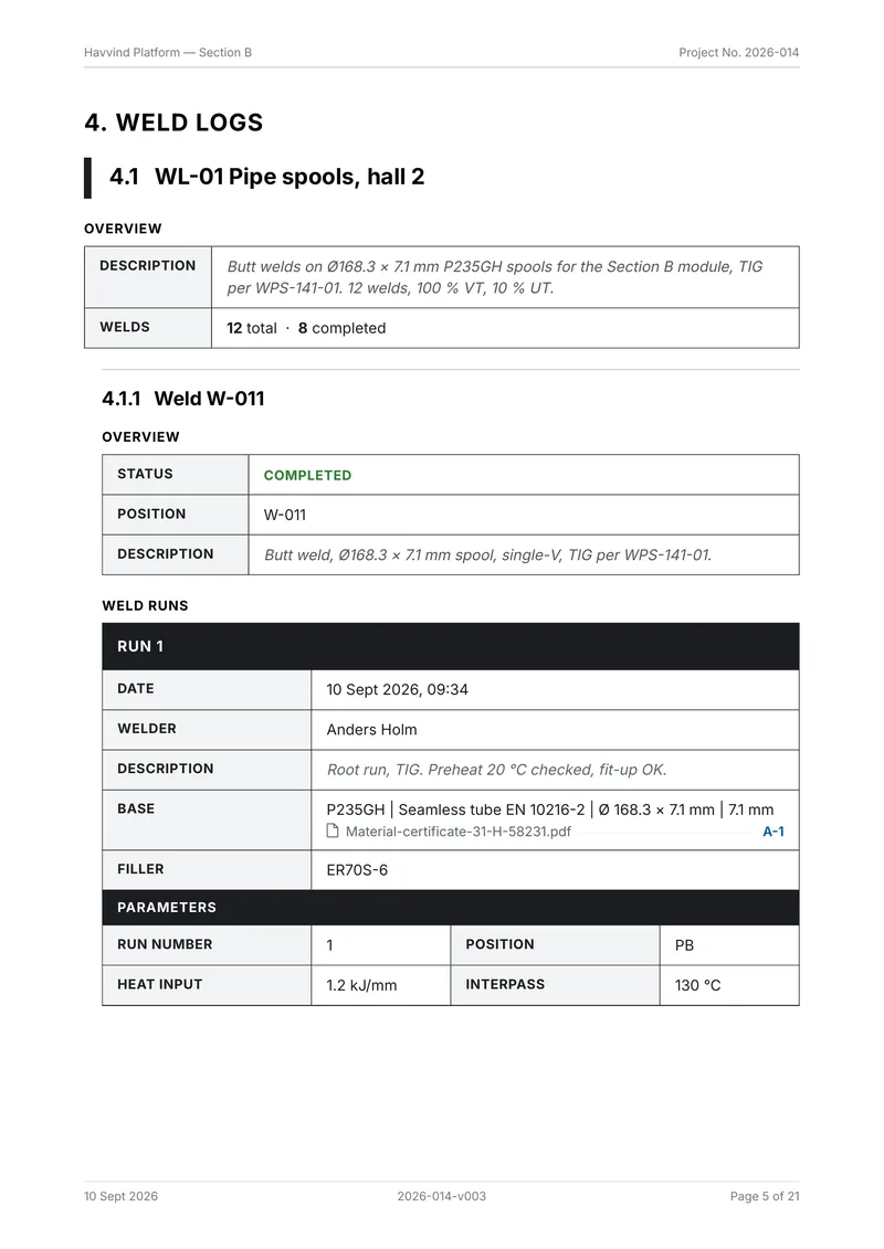 Weld log page of the example report showing weld W-011 with its first run, welder, base material and parameters.